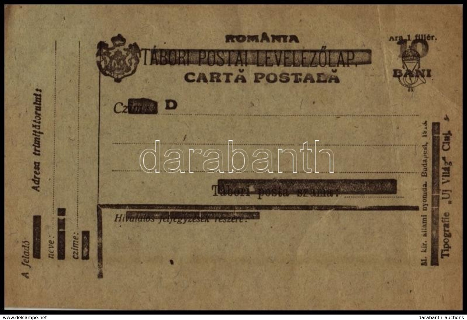 1919 Tábori Posta Levelezőlap Román Felülnyomással, Használatlan - Autres & Non Classés