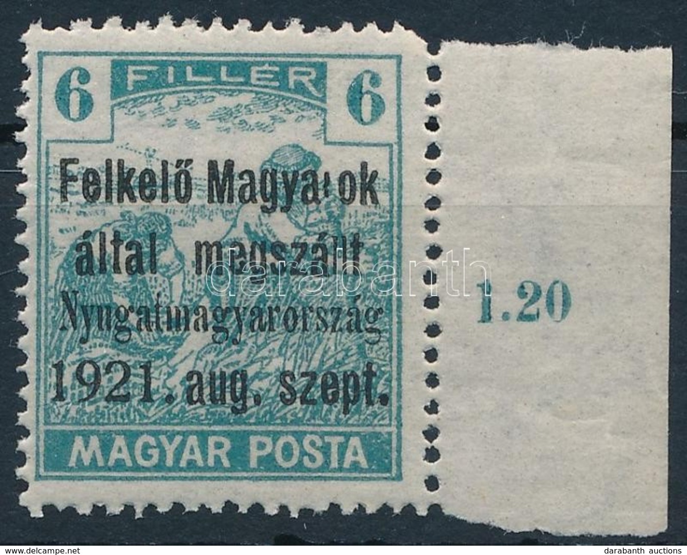 ** Nyugat-Magyarország I. 1921 Arató ívszéli 6f Próbanyomat, Bodor Vizsgálójellel - Autres & Non Classés