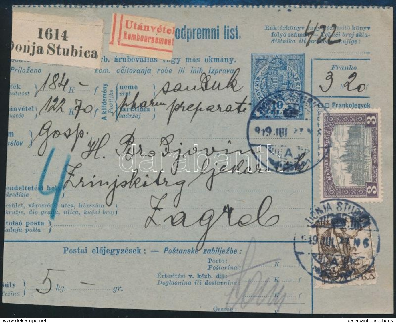 1919 Utánvételes Csomagszállító Vegyes Bérmentesítéssel / COD Parcel Card With Mixed Franking 'DONJA STUBICA' - Other & Unclassified