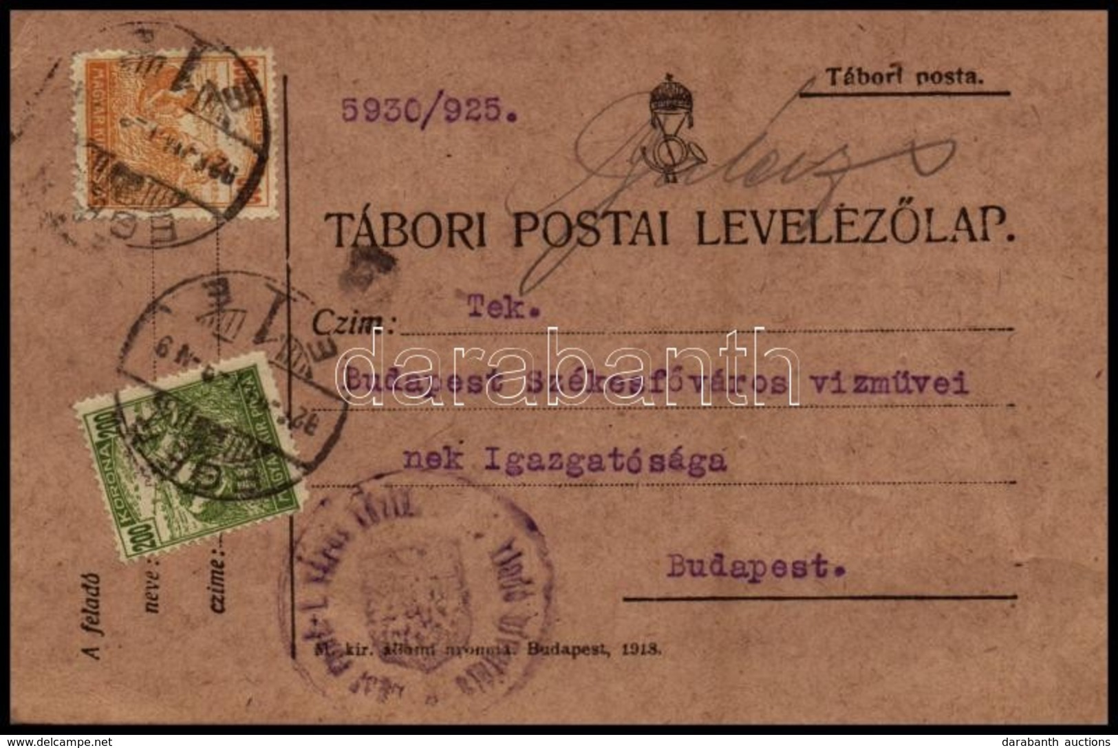 1925 Tábori Posta Levelezőlap Civil Felhasználása Arató 200K + 800K Bérmentesítéssel - Other & Unclassified