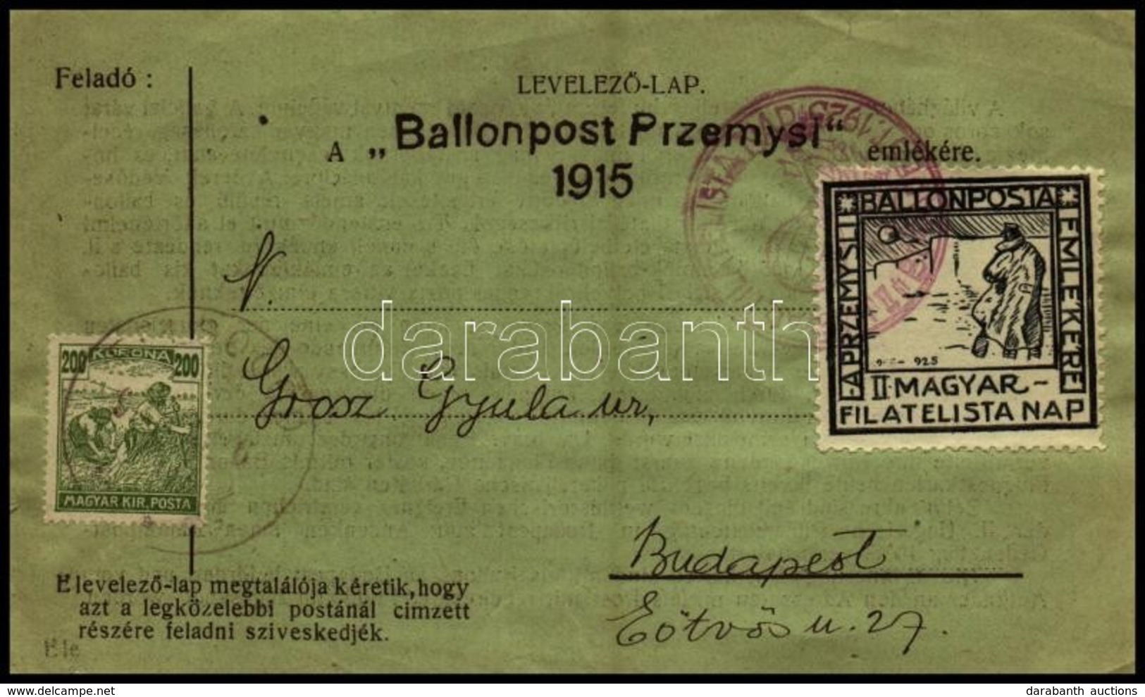 1926 Przemysl Ballonposta Emlékrepülés Levelezőlap Zöld - Autres & Non Classés