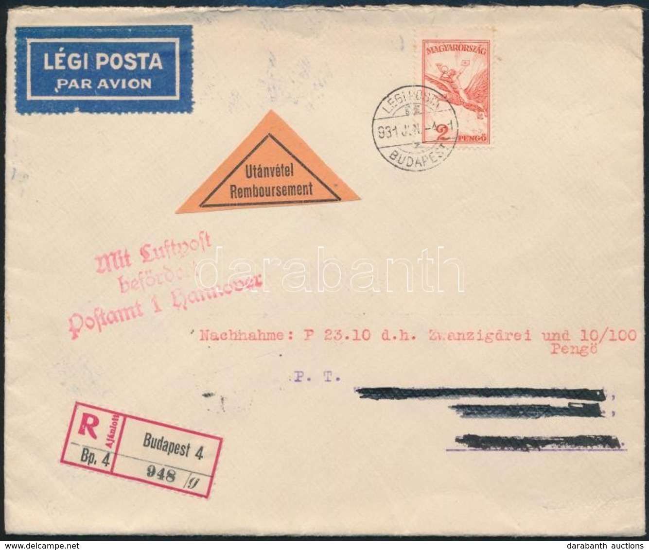 1931 Ajánlott Légi Utánvételes Levél Hannoverbe / Registered Airmail COD Cover To Hannover - Autres & Non Classés