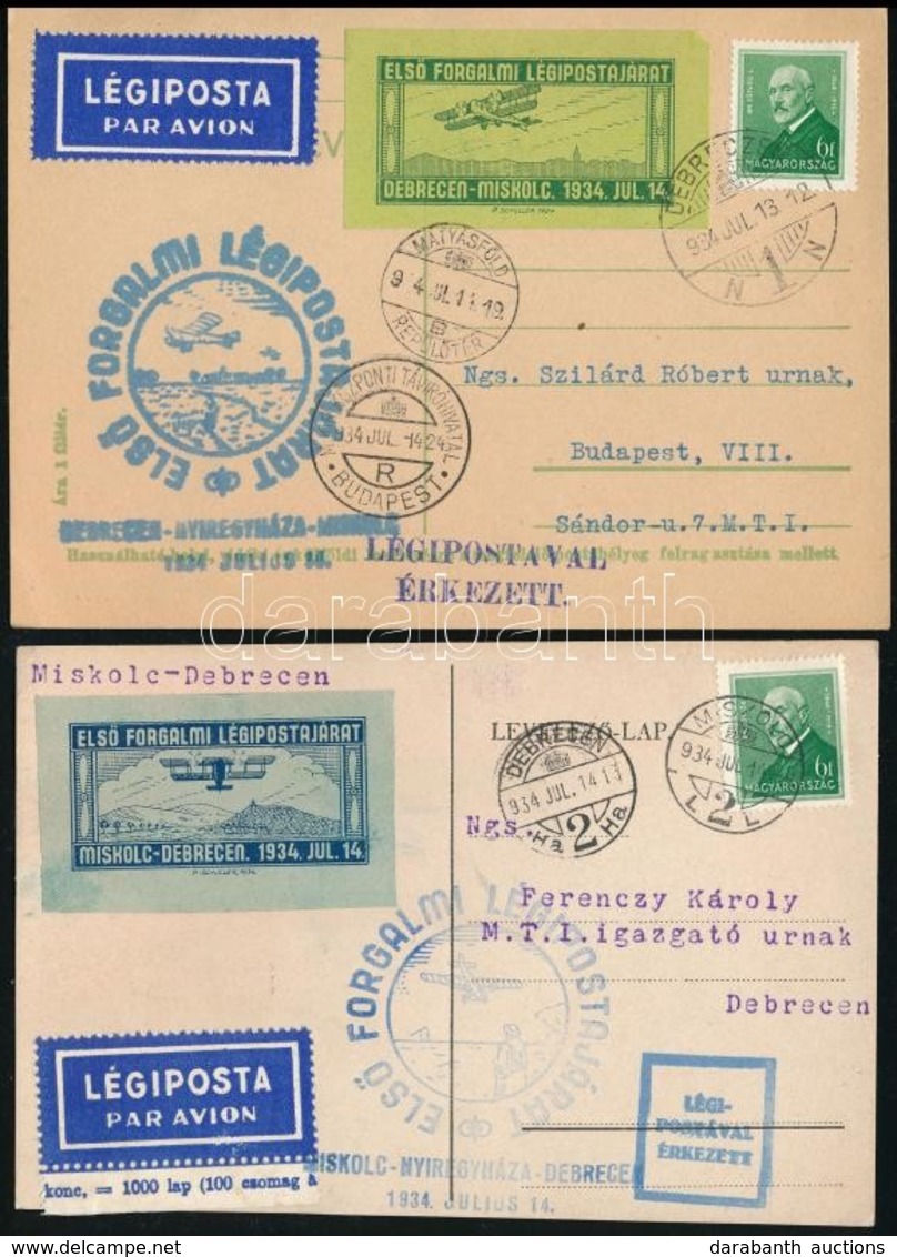 1934 2 Db Légi Levelezőlap Debrecen-Nyíregyháza Miskolc Oda és Vissza - Other & Unclassified