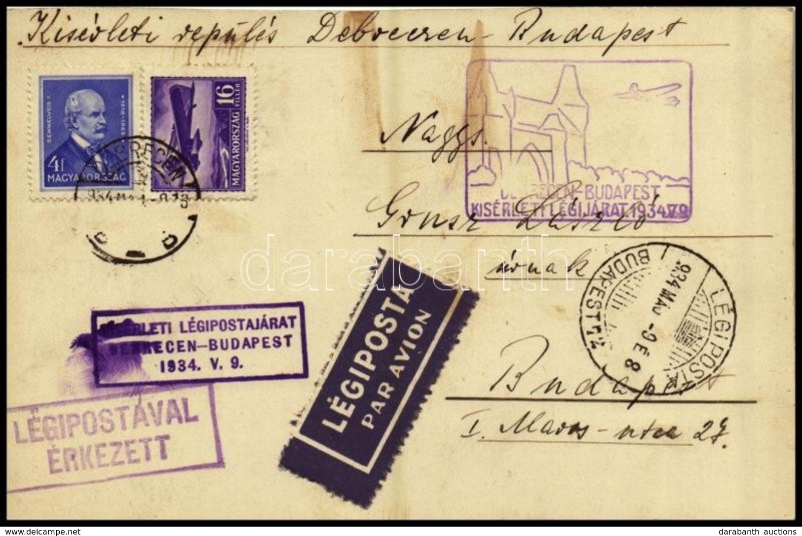 1934 Kísérleti Légijárati Levelezőlap Debrecenből Budapestre - Autres & Non Classés