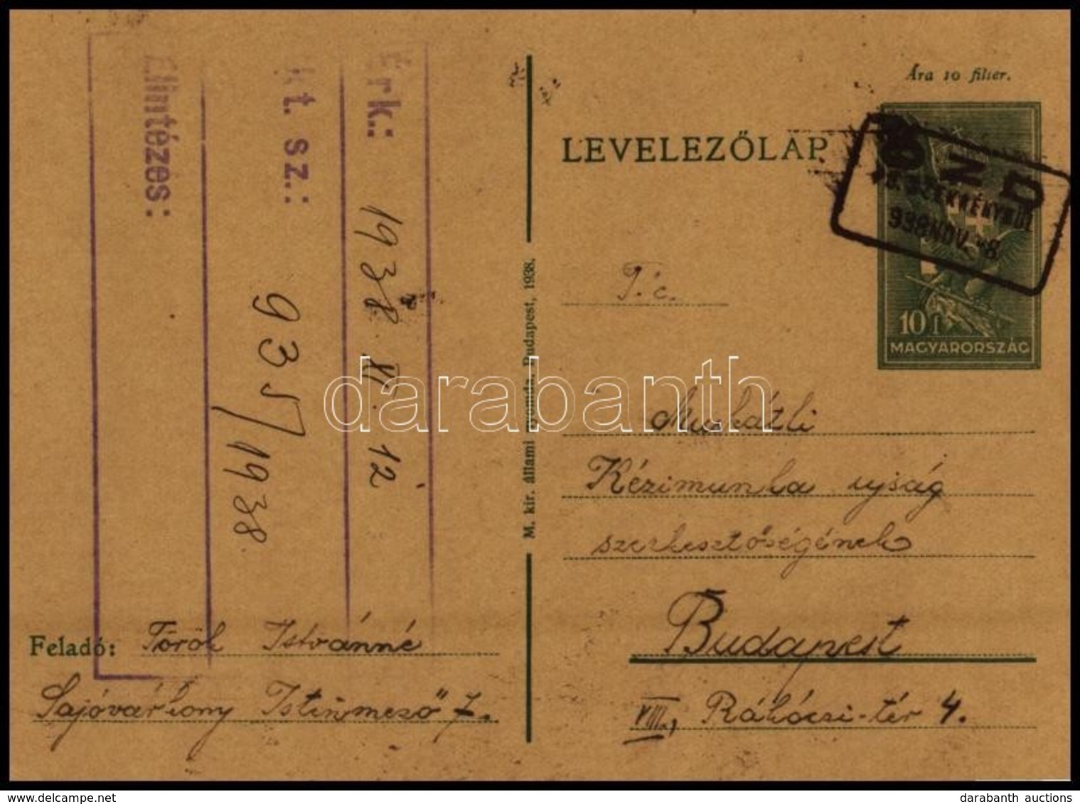 1938 10f Díjjegyes Levelezőlap 'ÓZD' Pályaudvari Szekrényből - Autres & Non Classés