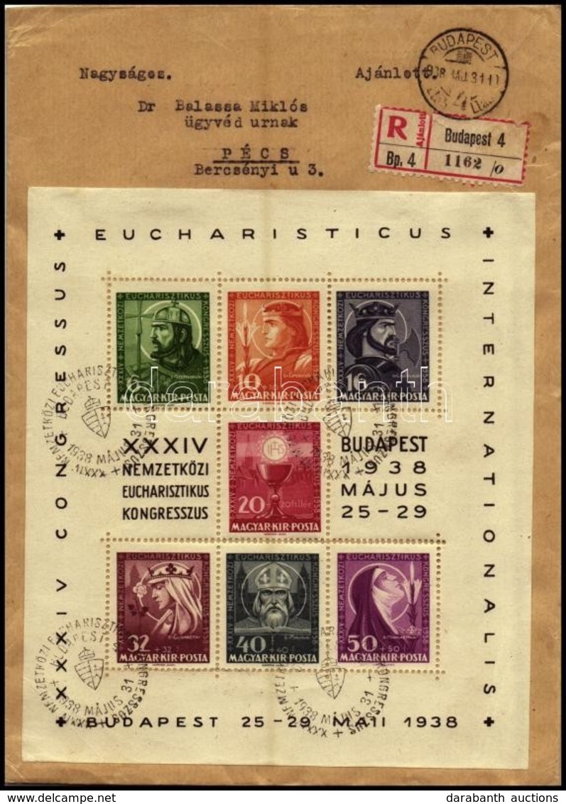 1938 Eucharisztikus Blokk Ajánlott Levélen 'BUDAPEST' - 'PÉCS' Szép állapotban - Autres & Non Classés