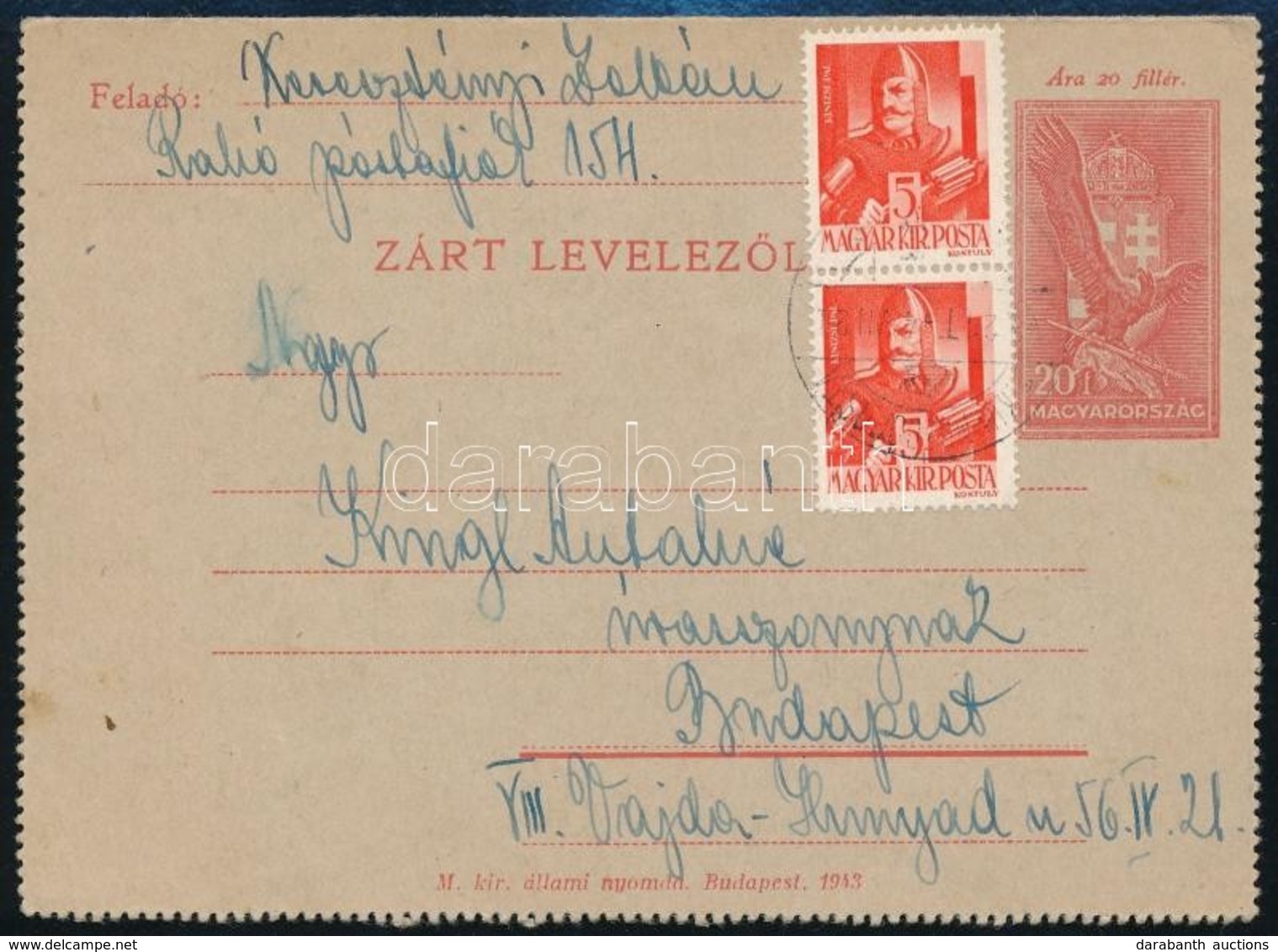 1944 Díjkiegészített Díjjegyes Zárt Levelezőlap Rahóról Budapestre Mozgóposta Bélyegzéssel - Autres & Non Classés