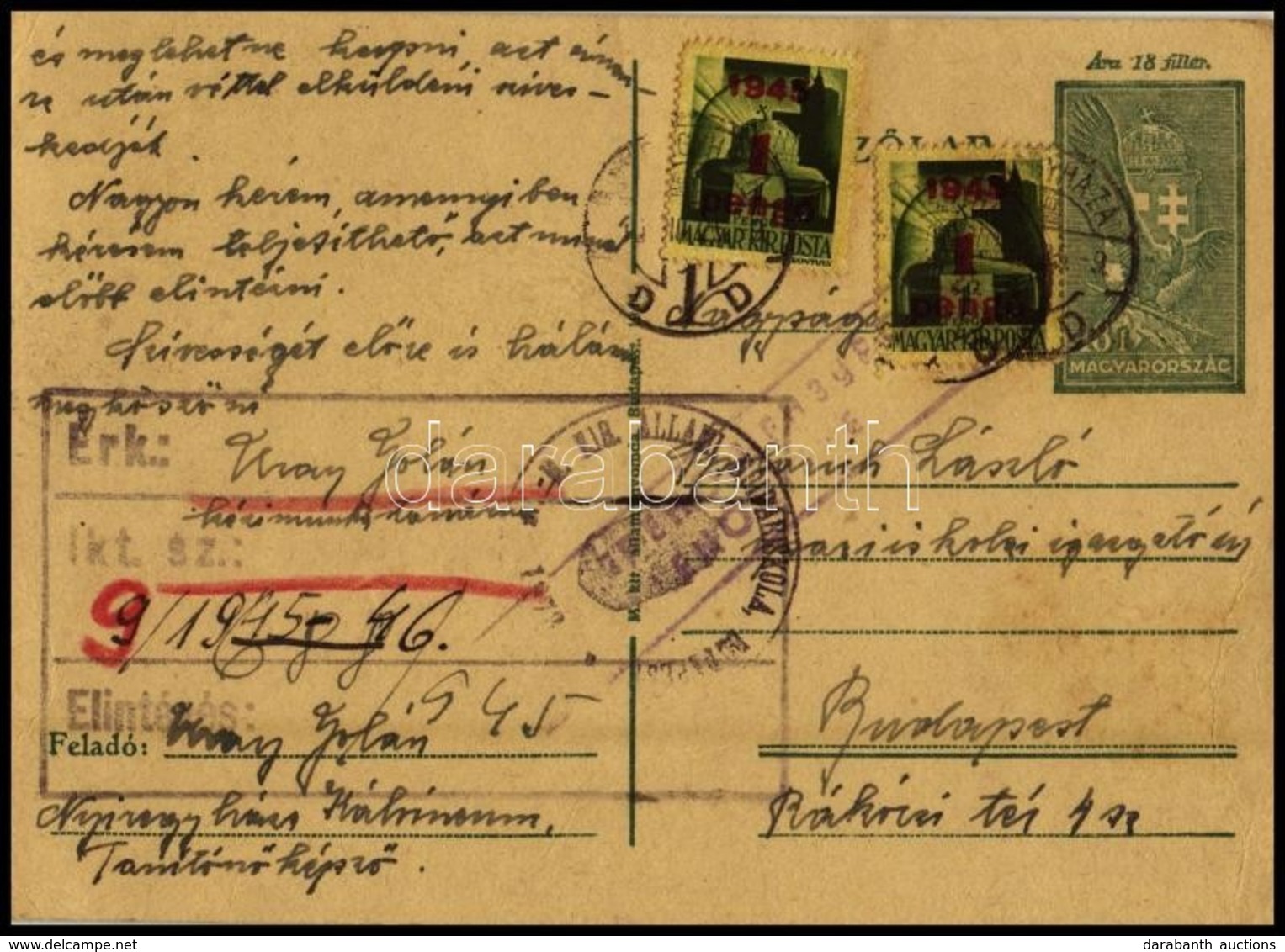 1945 18f Díjjegyes Levelezőlap Kisegítő 2 X 1P/1P Bérmentesítéssel 'NYÍREGYHÁZA' - Budapest - Other & Unclassified