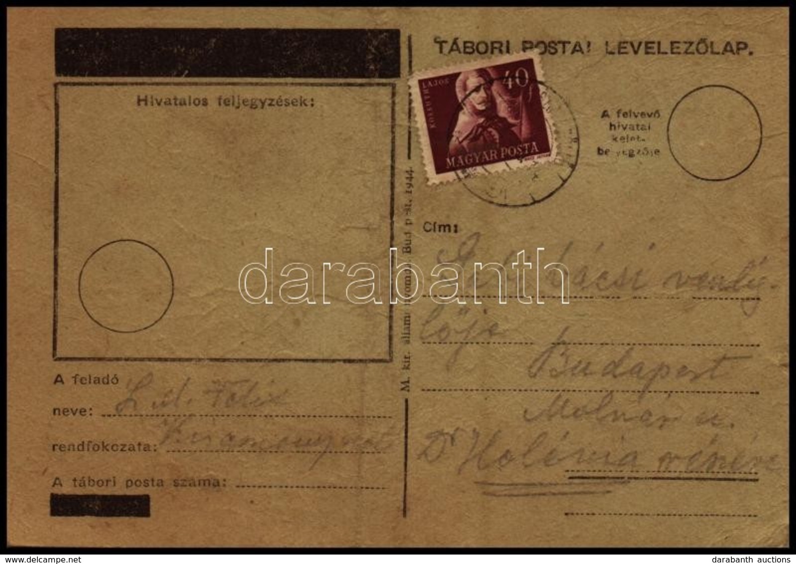 1948 Tábori Posta Levelezőlap Civil Felhasználással, 40f Bérmentesítéssel - Other & Unclassified