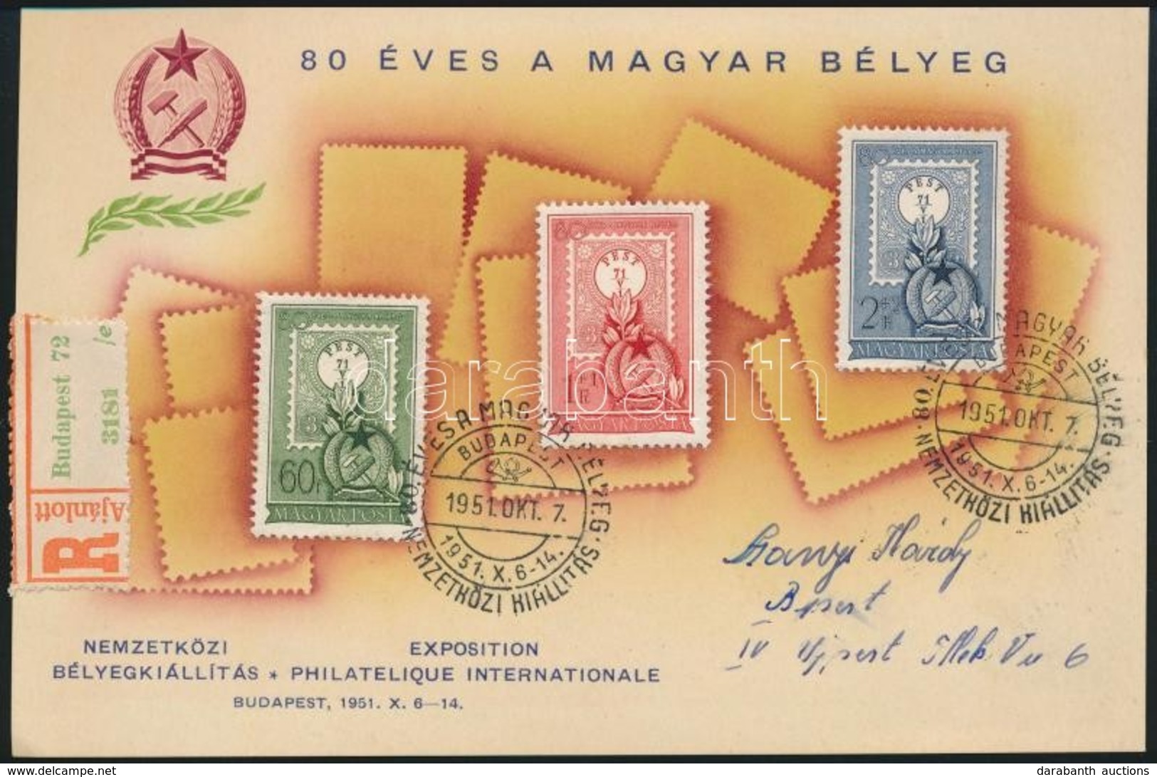 1951 80 éves A Magyar Bélyeg Ajánlott Emléklap (4.500) - Autres & Non Classés