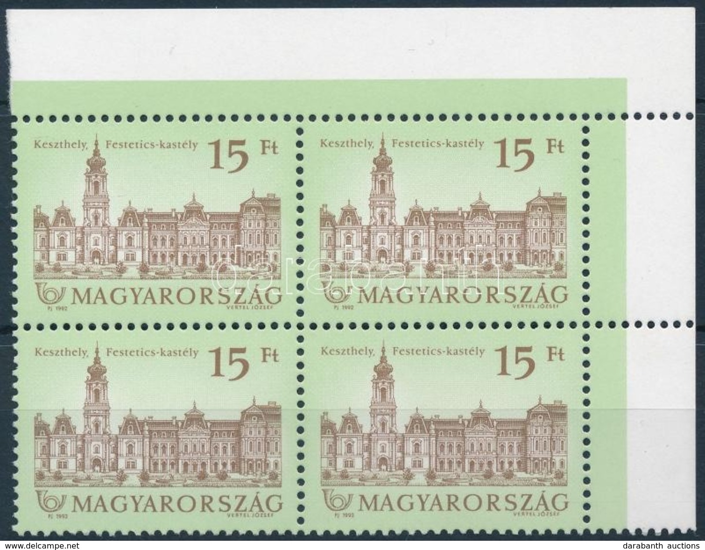 ** 1992 Kastélyok (VI.) 15Ft ívsarki Négyestömbben, Fényes Gumival, Shil Papíron - Sonstige & Ohne Zuordnung
