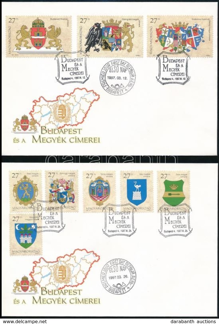 1997 Budapest és A Megyék Címerei (I.) + (II.) Sorok (21 Bélyeg) 4 Db FDC-n, Benne A Ritka, Középen Is Fogazott 4380a - Other & Unclassified