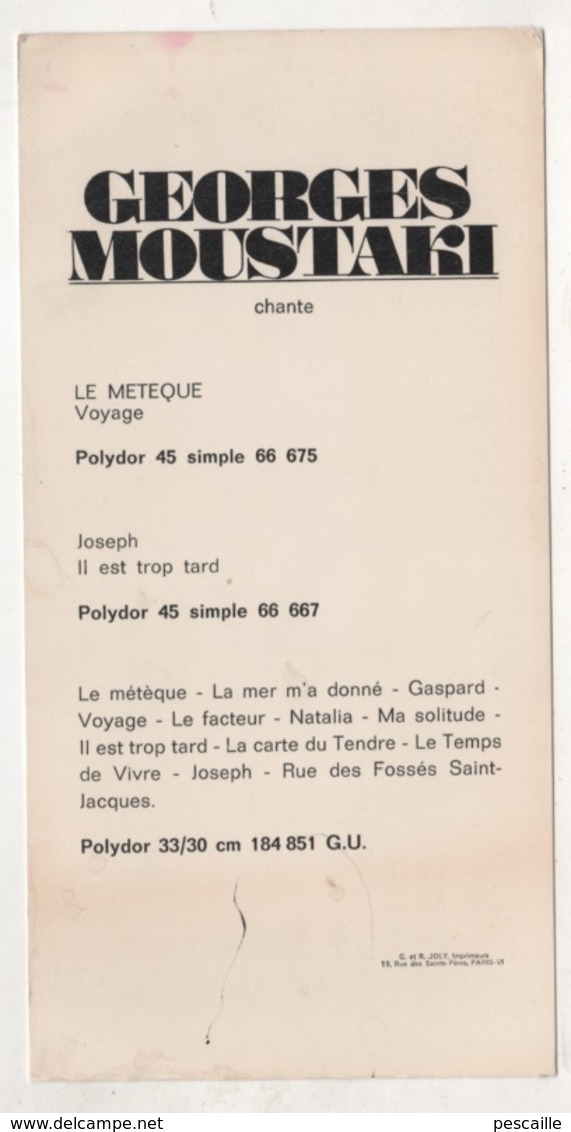 CHANSON - CARTE GEORGES MOUSTAKI - DISQUES POLYDOR - LE METEQUE - - Fotos