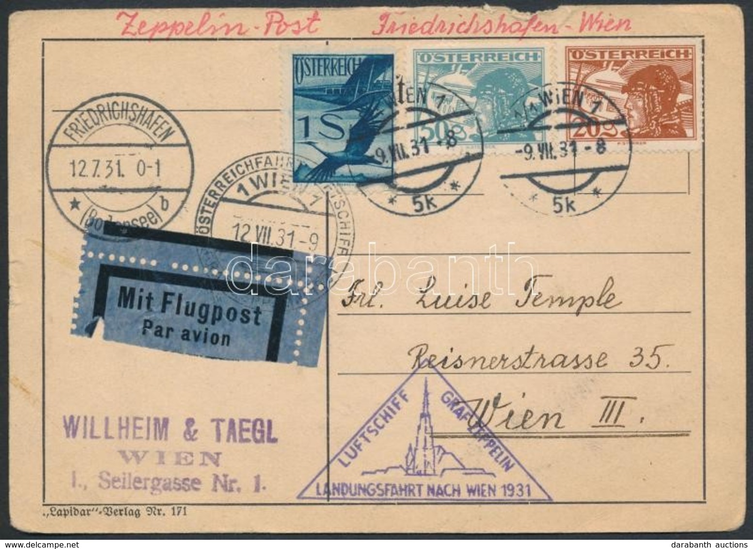 1931 Zeppelin Ausztriai útja Levelezőlap Bécsbe / Zeppelin Flight To Austria, Postcard To Vienna - Autres & Non Classés