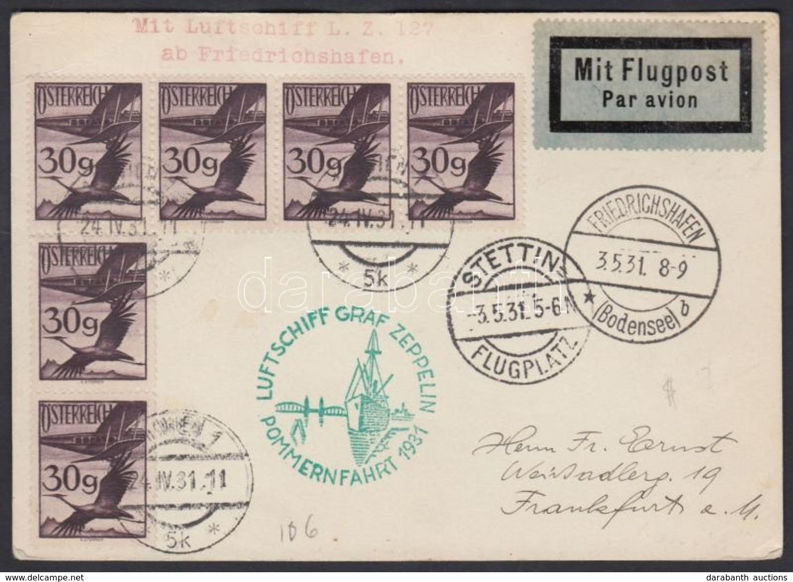 1931 Zeppelin Pomerániai útja Levelezőlap / Zeppelin Flight To Pomerania Postcard - Other & Unclassified