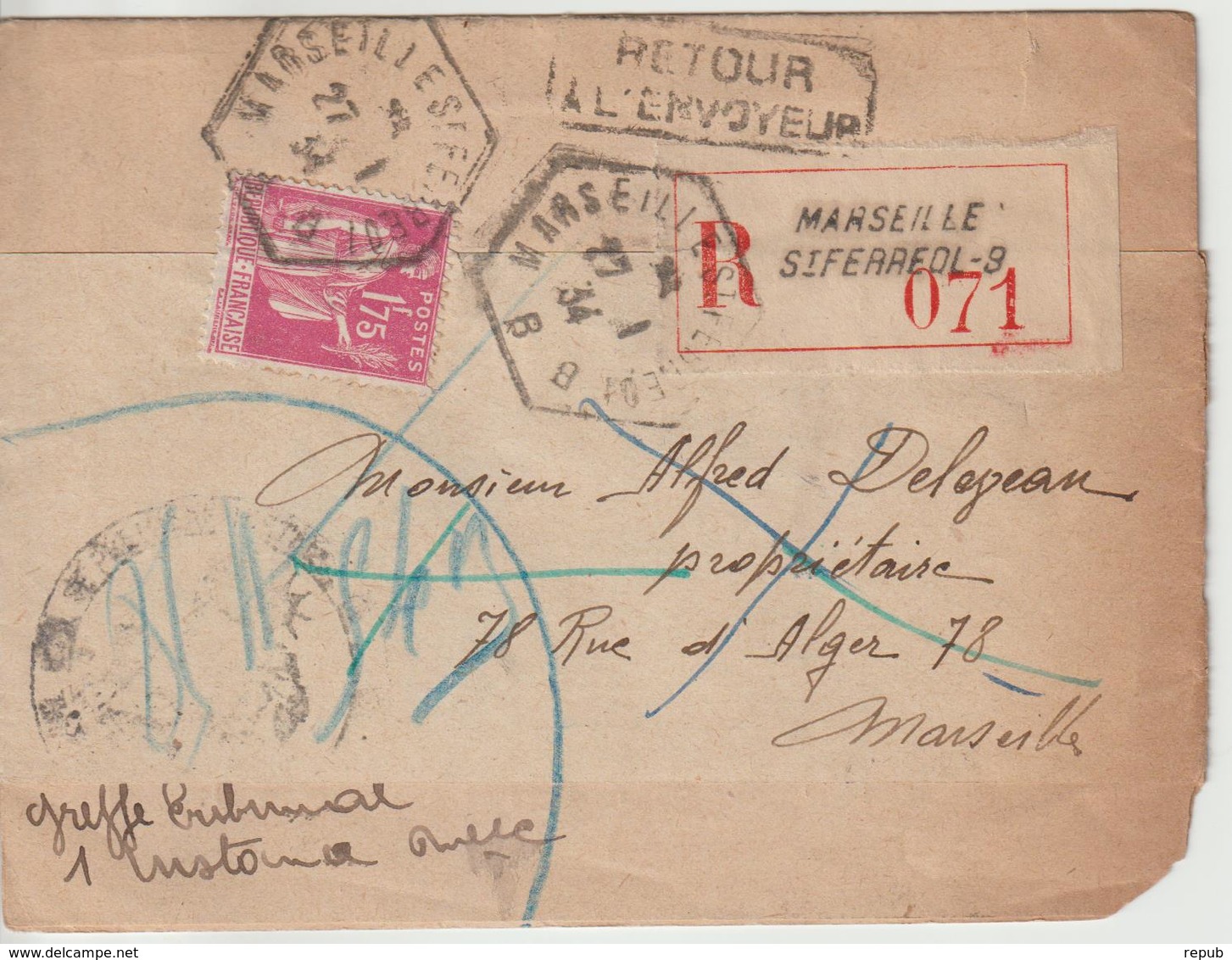 France Lettre Recommandée 1934 De Marseille Pour Marseille Avec Retour à L'envoyeur - 1921-1960: Periodo Moderno
