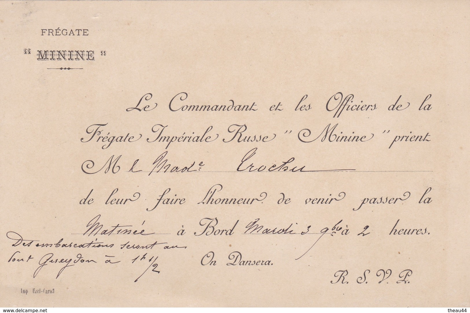 ¤¤  -  Invitation  -  Le Commandant De La FREGATE IMPERIAL RUSSE " MINIME "   -  RUSSIE   -  ¤¤ - Russia