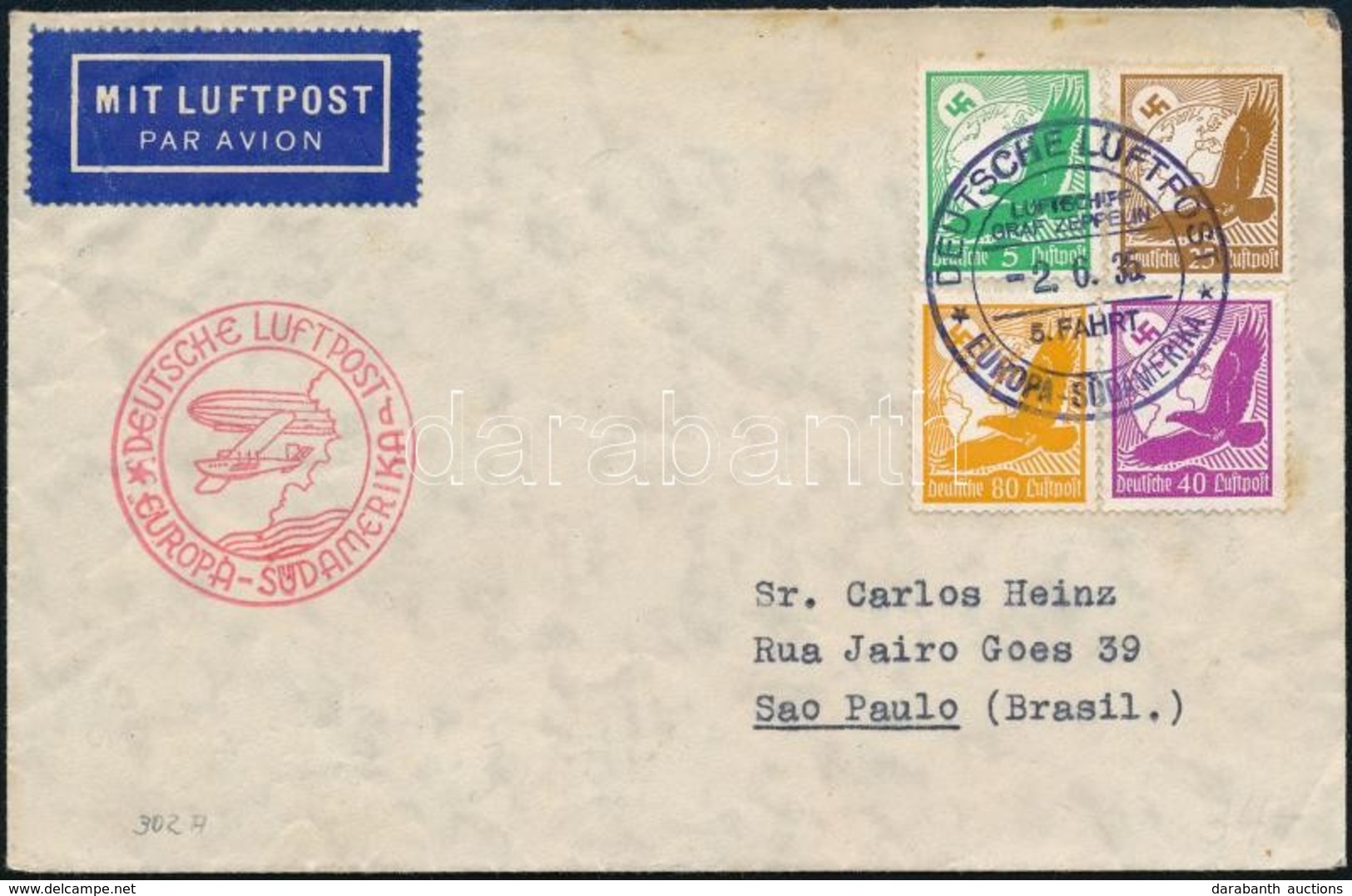 1935 Zeppelin 5. Dél-amerikai útja Levél Braziliába / Zeppelin 5th South America Flight Cover To Sao Paulo - Other & Unclassified