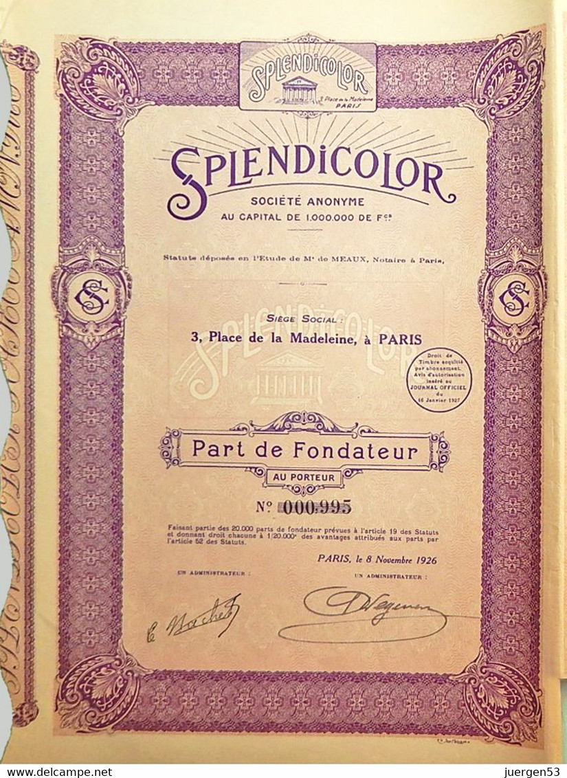 Splendicolor, Part De Fondateur (Jean Malvaux) - Industrie