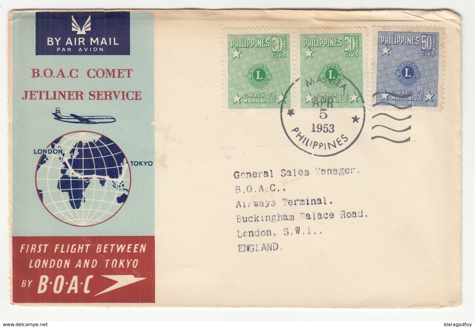 BOAC Comet Jetliner Service First Flight London And Tokyo 2 Letter Covers Philippines 1953 B191210 - Flugzeuge