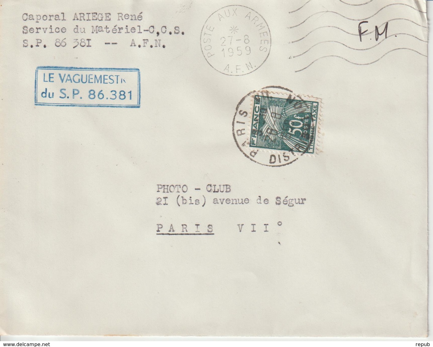 Lettre AFN 1959 Pour La France Avec Taxe 50F Gerbe - 1960-.... Cartas & Documentos