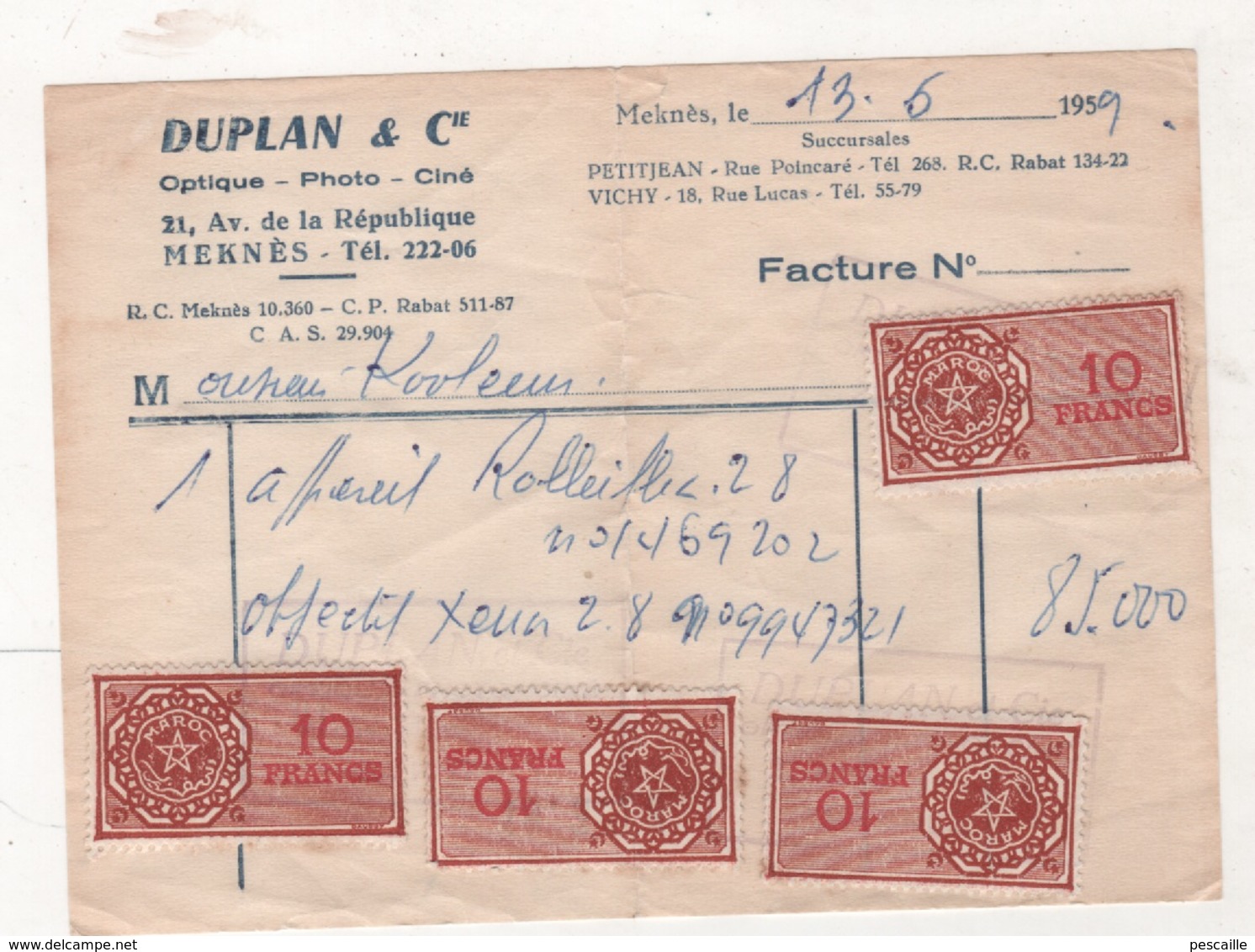 MAROC 1959 - PETITE FACTURE DUPLAN & Cie OPTIQUE PHOTO CINE - AVENUE DE LA REPUBLIQUE - MEKNES - 4 TIMBRES FISCAUX  10 F - Autres & Non Classés