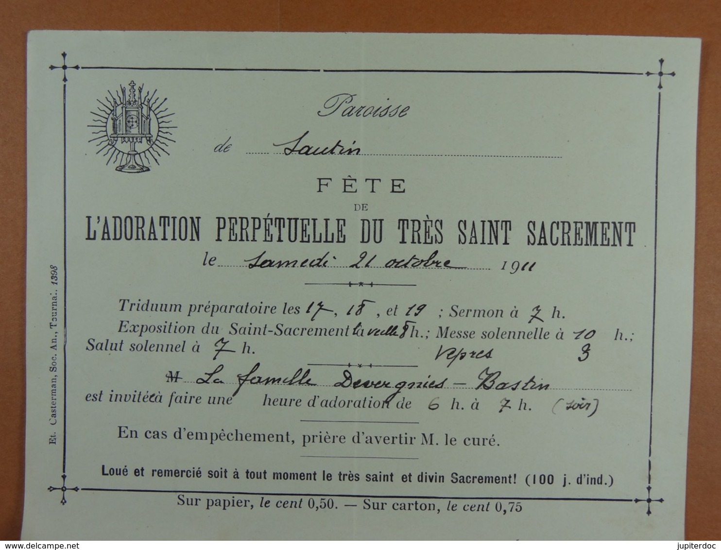 Sautin 1911 Adoration Perpétuelle Du Très Saint Sacrement - Zonder Classificatie