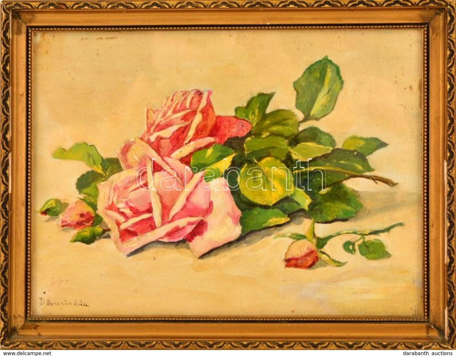 Benczúr Jelzéssel: Rózsaszirmok. Olaj, Vászon, üvegezett Keretben, 21×27 Cm - Autres & Non Classés