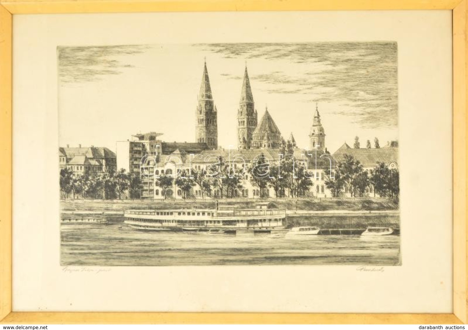 Paulovits Pál (1892-1975): Szeged Tisza-part. Rézkarc, Papír, Jelzett, üvegezett Keretben, 28×44 Cm - Autres & Non Classés