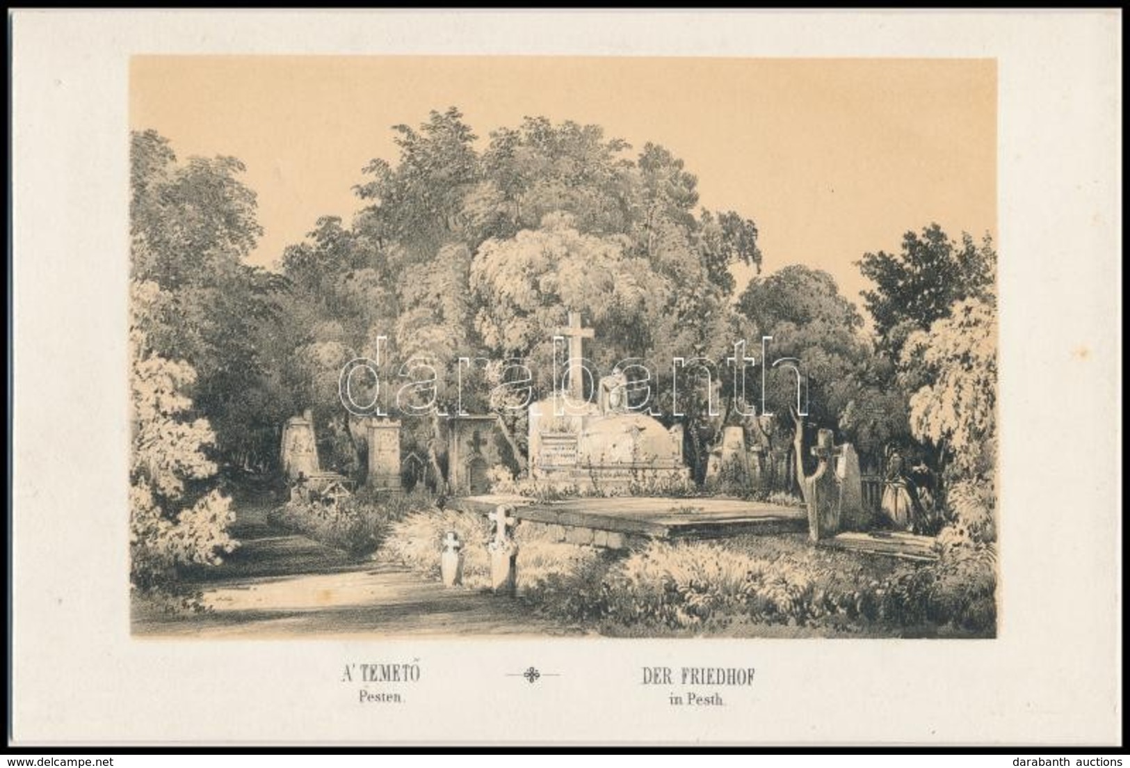 R. Alt (1812-1905): A' Temető Pesten. (Váci úti Temető.(Ma Már Nem Létezik.) Litho Kartonra Kasírozva Buda-Pest Előadva  - Prints & Engravings