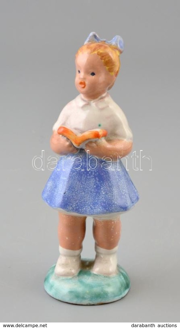 Izsépy Mázas Kerámia Lány Figura, Jelzés Nélkül, Kis Kopásnyomokkal, M: 14,5 Cm - Other & Unclassified