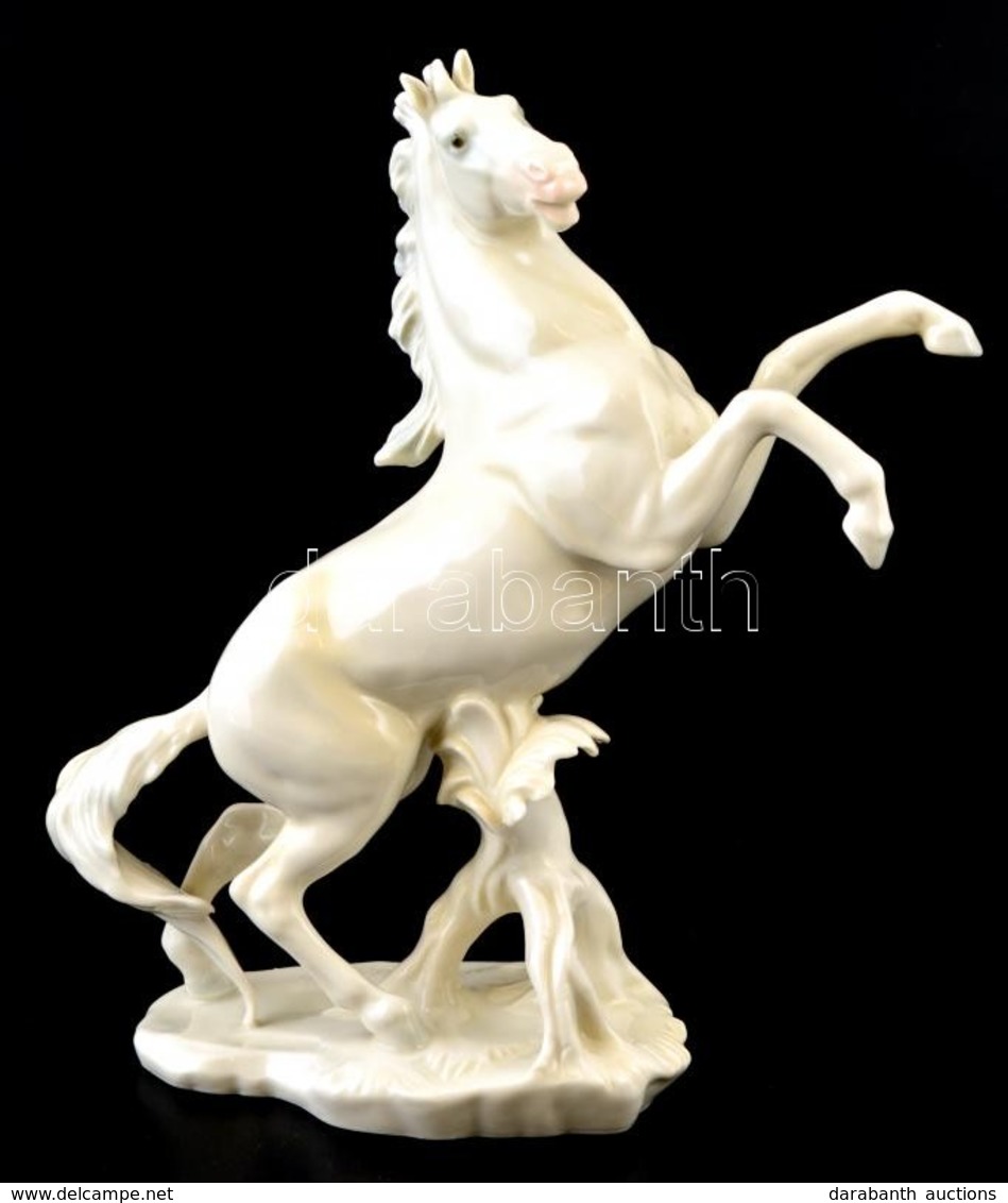 Ens Fehér Mázas Porcelán Ló Figura, Jelzett, Hibátlan, M: 25 Cm - Autres & Non Classés
