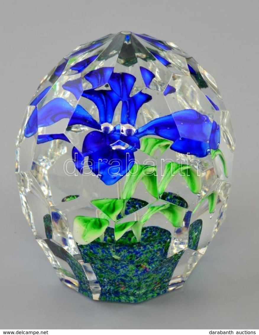 Vega Crystal üvegnehezék, Belsejében Virág Imitációval, Több Rétegű, Formába öntött, Jelzett, Hibátlan, M: 9 Cm - Glass & Crystal
