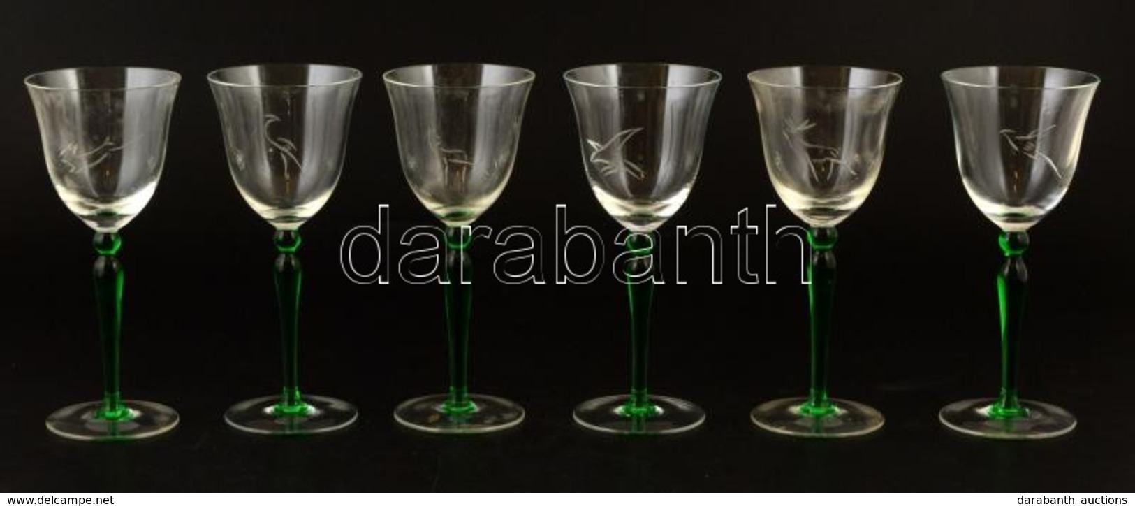 Talpas Borospoharak ( 6 Db), Csiszolt állat Motívumokkal, Jelzés Nélkül, Színes Szár Résszel, Hibátlan, M: 19 Cm (6×) - Verre & Cristal