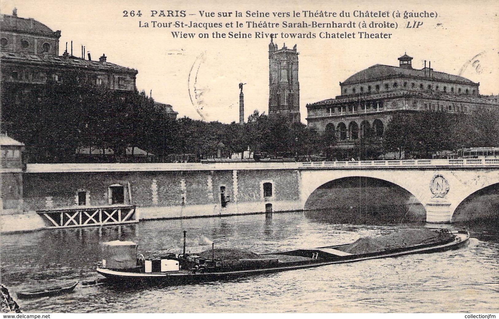 CPA FRANCE 75 "Paris, Vue Sur La Seine Vers Le Théâtre Du Châtelet, La Tour Saint Jacques" / PENICHE / BATELLERIE - Non Classés