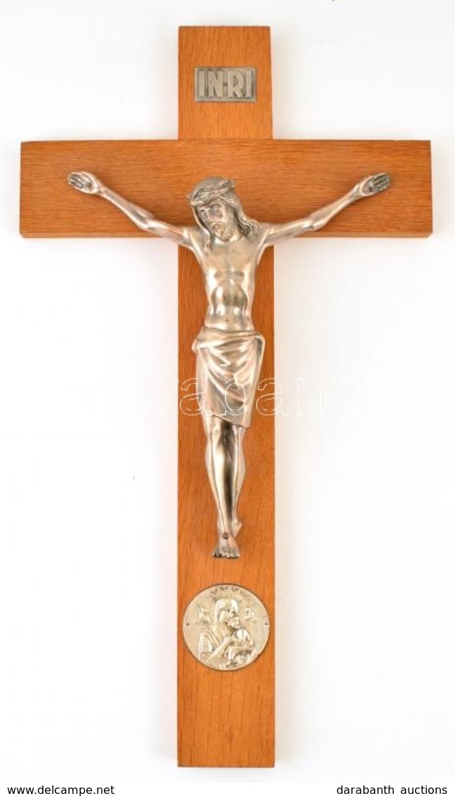 Fa Feszület Fém Krisztussal és Szűz Mária A Kis Jézussak Plakettel, 49×28 Cm - Autres & Non Classés