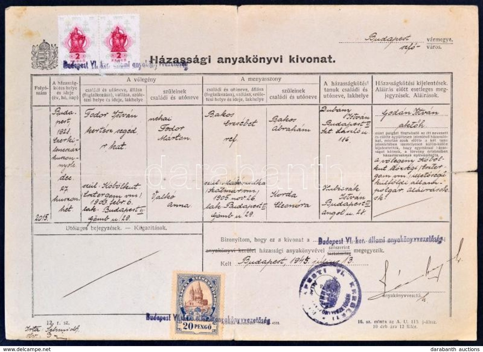 1945 2 Db Anyakönyvi Kivonat Városi és állami Illetékbélyegekkel - Ohne Zuordnung