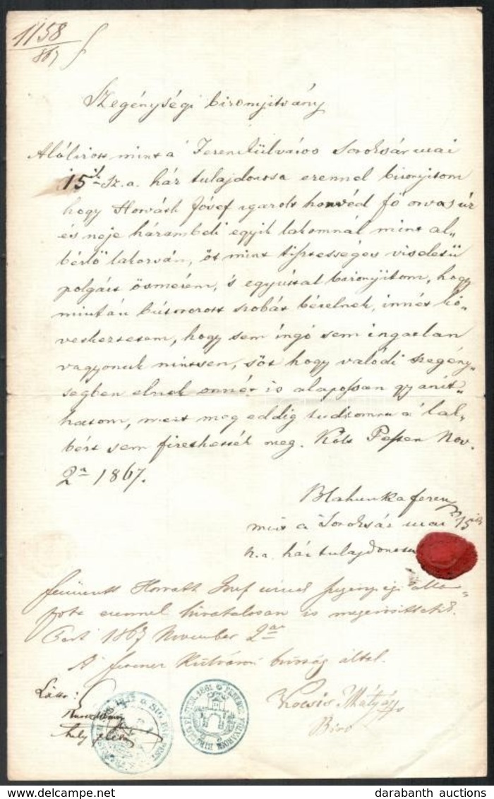 1867 Pest, Szegénységi Bizonyítvány, Viaszpecséttel - Unclassified