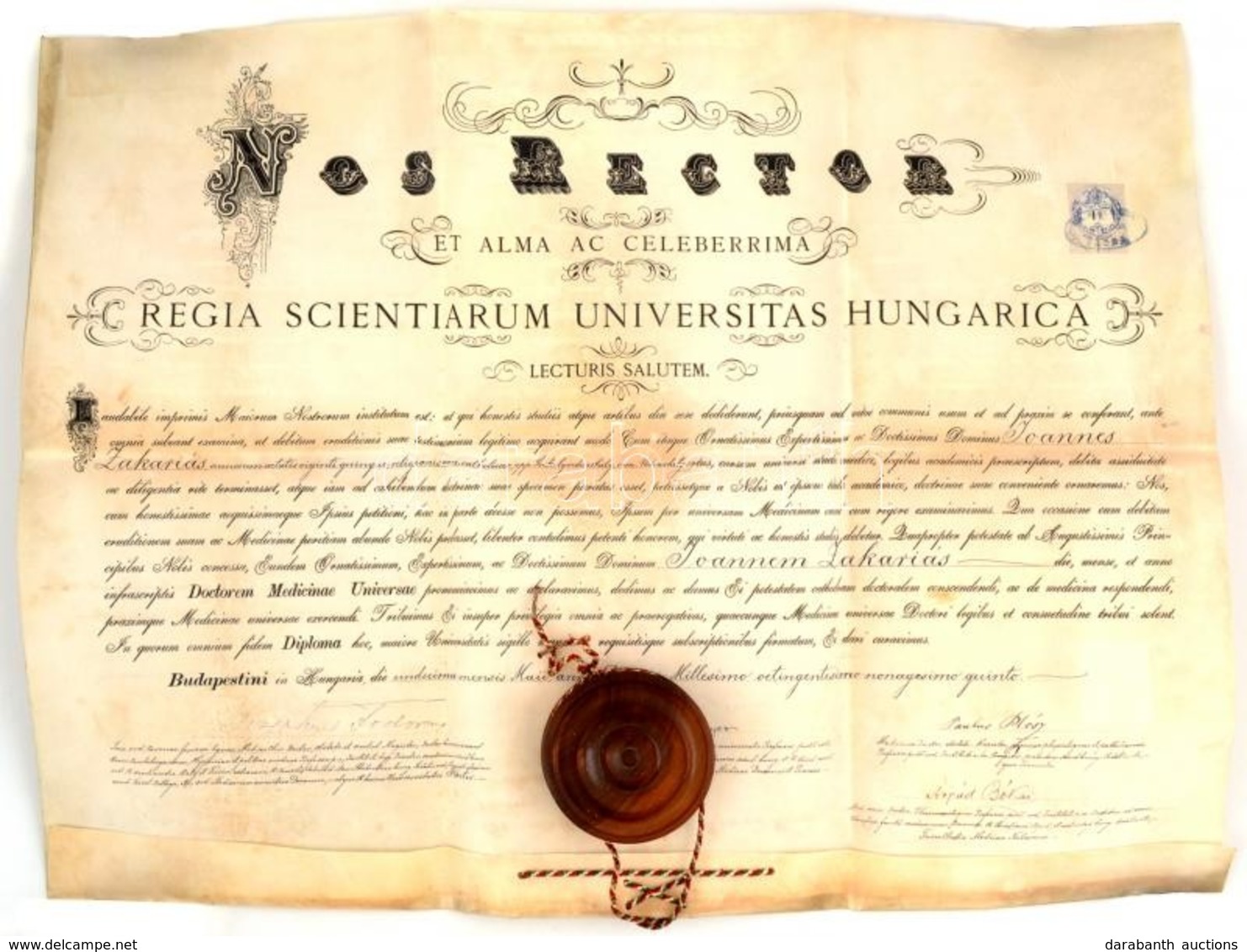 1894 Dekoratív Pergamen Orvosi Diploma, Teljesen ép Függő Viaszpecséttel, Rajta Fodor József, Plósz Pál, Högyes András H - Unclassified