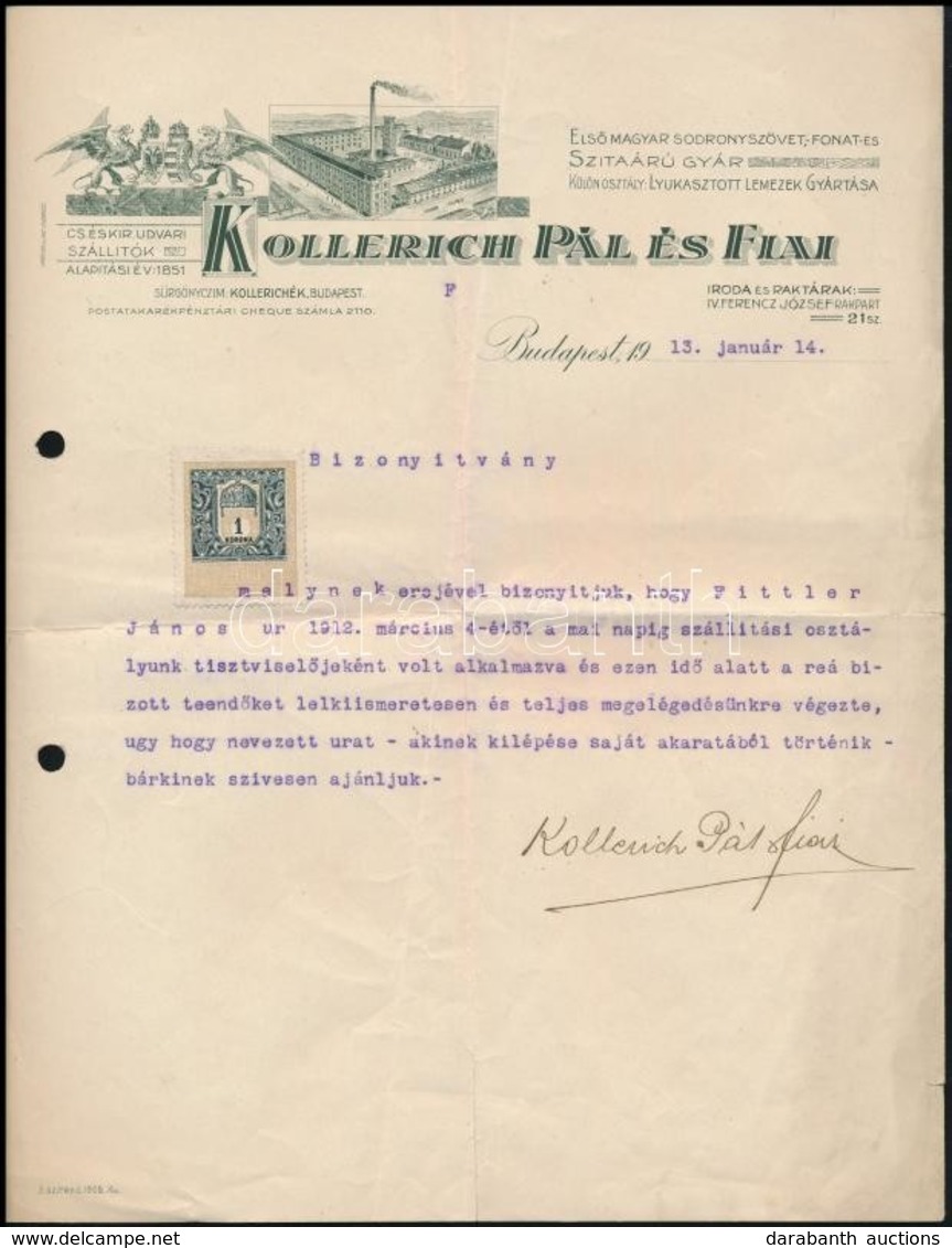1913 Kollerich Szivattyúgyár Fejléces Levél - Ohne Zuordnung