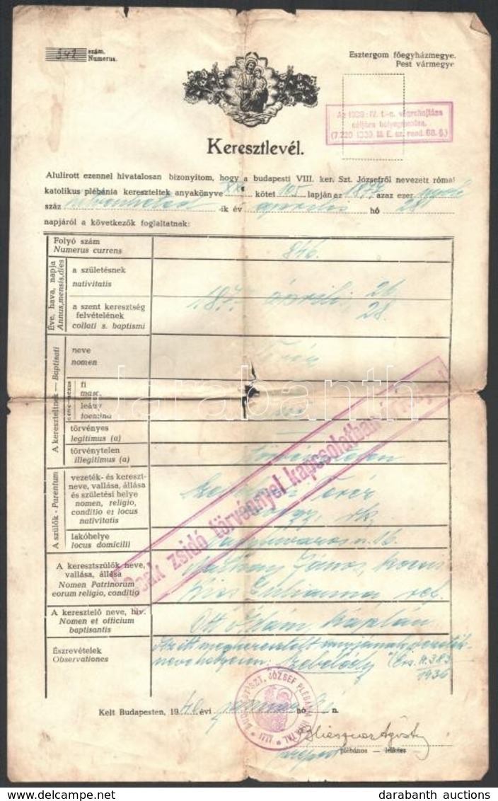 1940 Bp., Zsidótörvénnyel Kapcsolatban érvényes Keresztlevél - Ohne Zuordnung