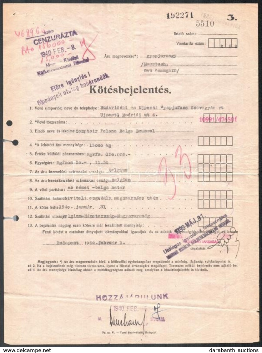 1940 Bp., Budavidéki és Újpesti Gyapjúfonó Szövőgyár Kötésbejelentése - Ohne Zuordnung