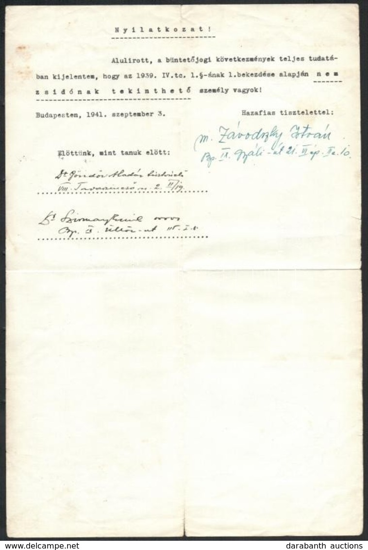 1941 Bp., Nyilatkozat Nem Zsidó Származásról - Ohne Zuordnung