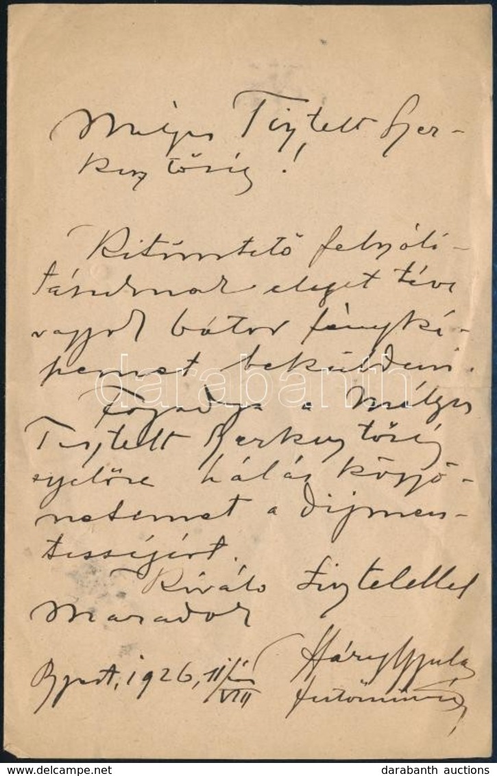 1926 Háry Gyula (1864-1946)  Festőművész Saját Kézzel írt Levele Egy újság Szerkesztőjének, Melyben Megköszöni Díjazását - Unclassified