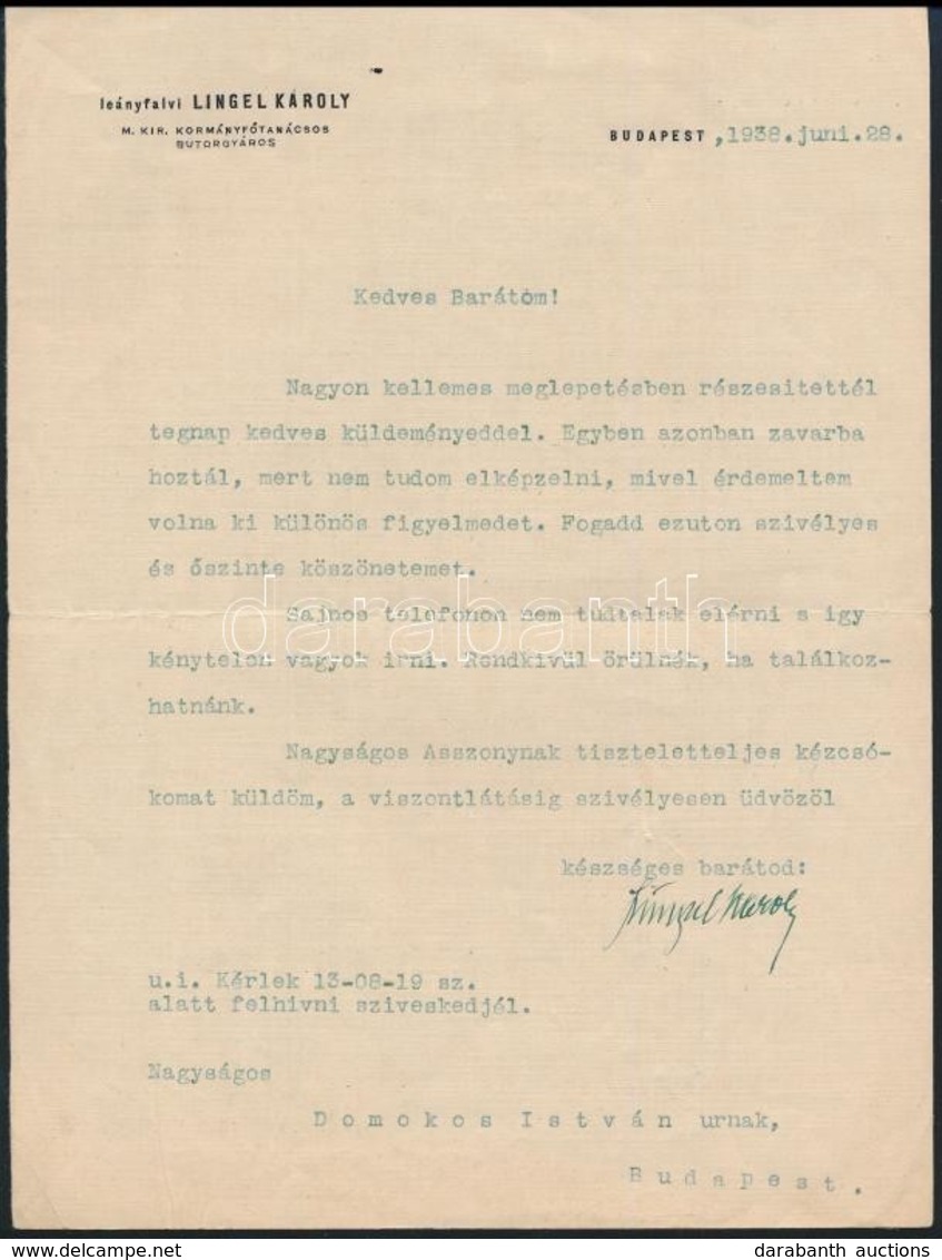 1938 Leányfalvi Lingel Károly Kormányfőtanácsos, Bútorgyáros Gépelt, Aláírt Levele Azonosítatlan Címzettnek Személyes üg - Ohne Zuordnung