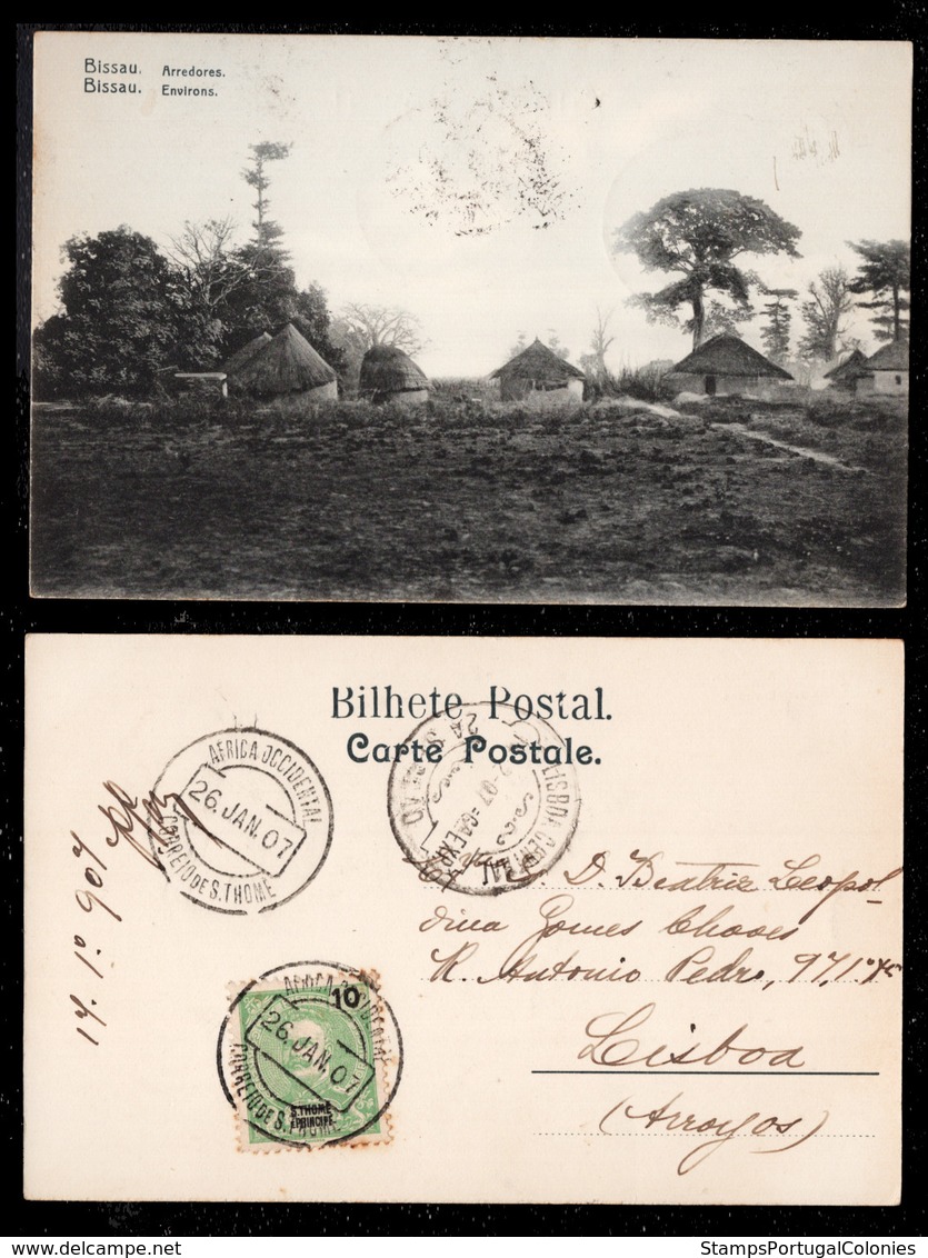 1907 - Portugal Guinea Bissau Postcard Circulated From S. Tomé To Lisbon. Bissau Surroundings. 10r Stamp. - Guinea-Bissau