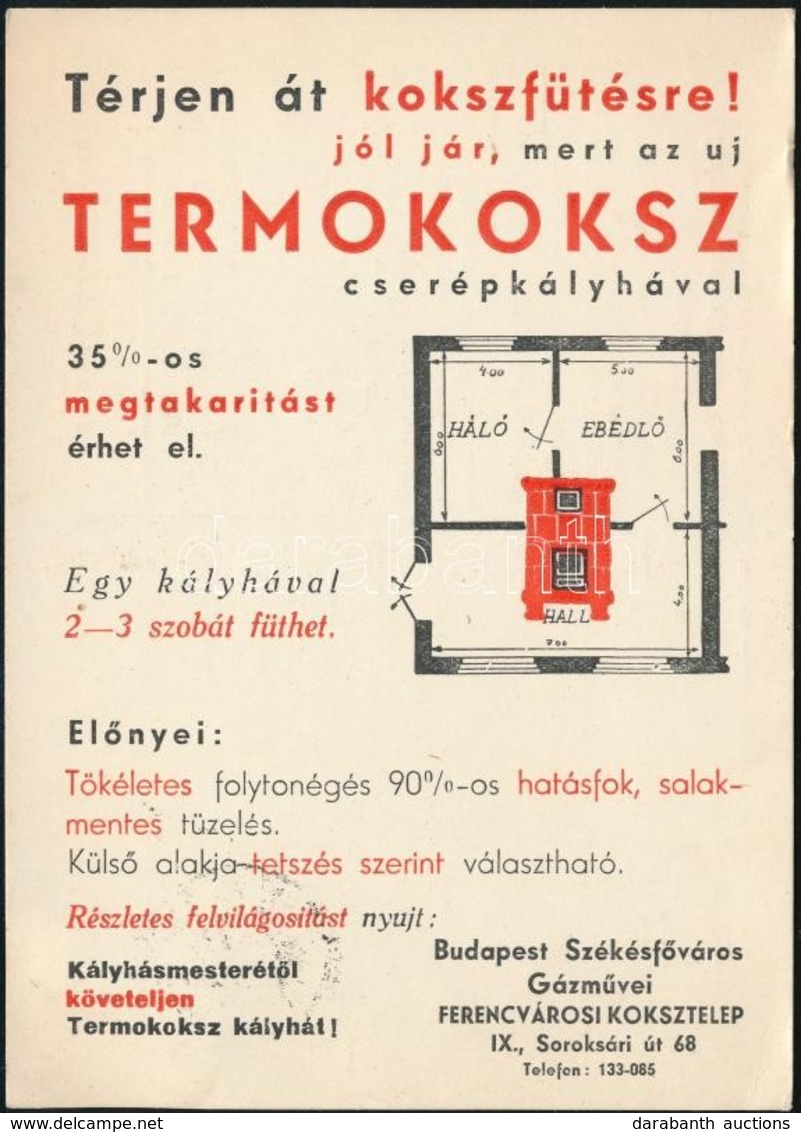 1939 Termokoksz Cserépkályha Reklám Nyomtatványos Levelezőlap, 14x10 Cm - Publicités