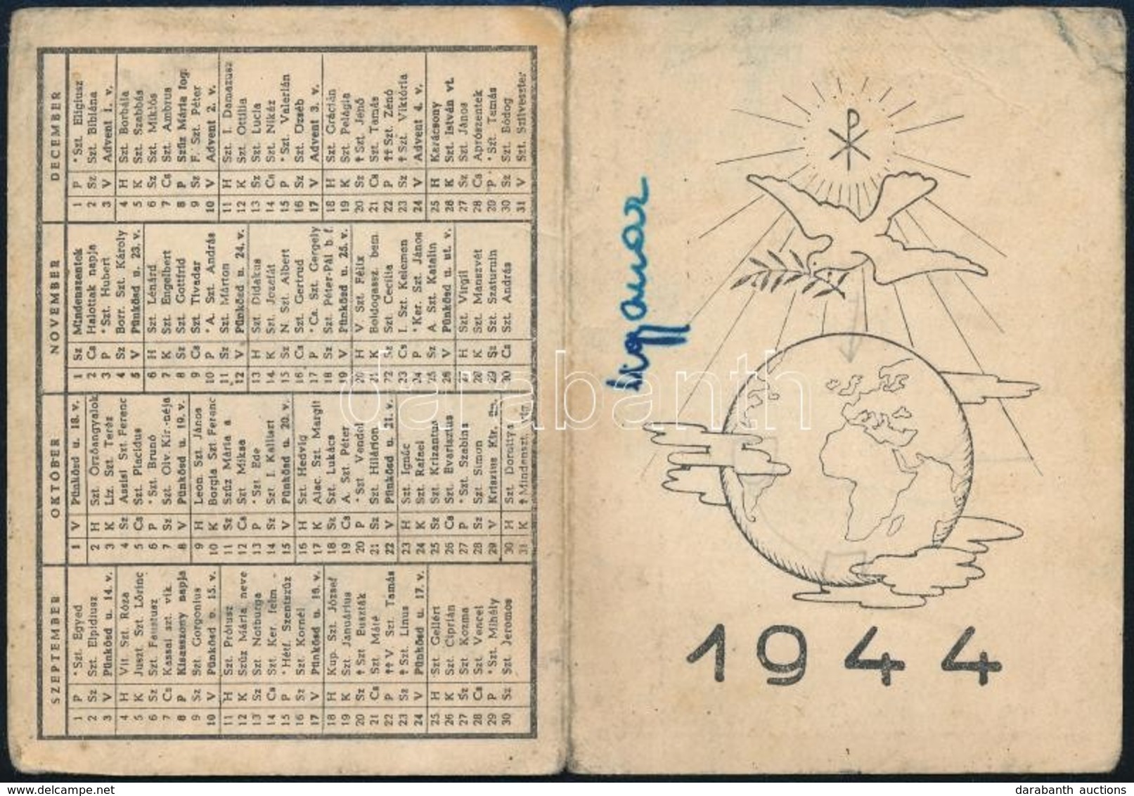 1944 Béke Motívumos Kártyanaptár. Összehajtható 12x9 Cm Kis Beszakadással - Advertising