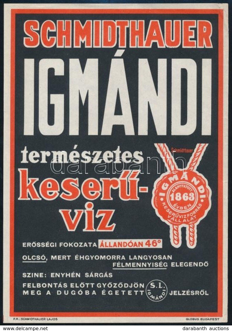 Schmidthauer Igmándi Keserűvíz Kisplakát, 24×17 Cm - Publicités