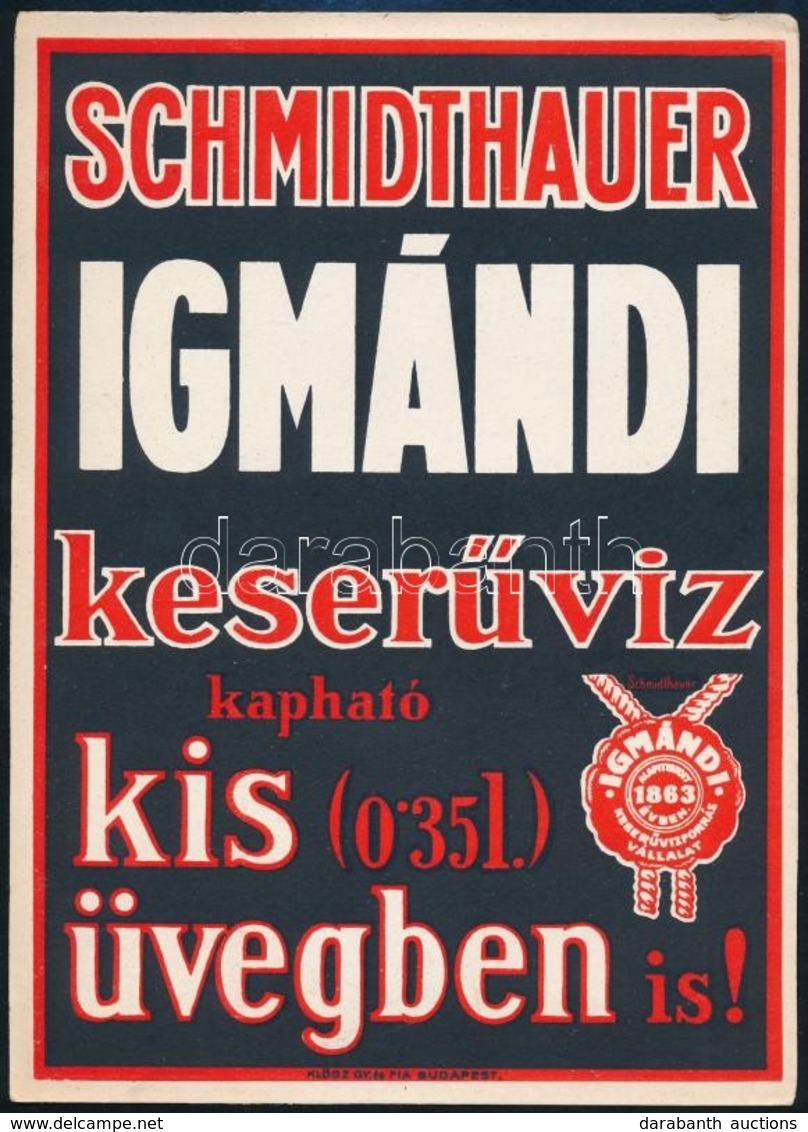 Schmidthauer Igmándi Keserűvíz Kisplakát, 24×17 Cm - Publicités